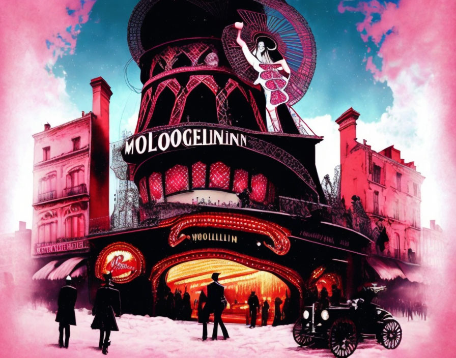 Detailed Illustration: Moulin Rouge with Windmill, Vintage Attire, and Classic Car