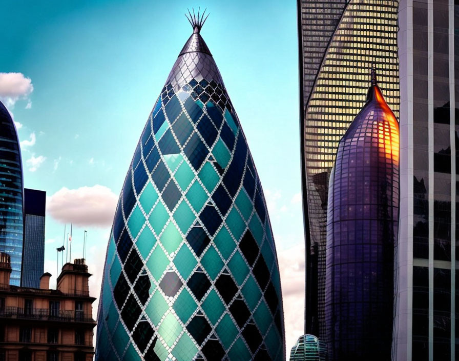 Modern cityscape with diamond-patterned skyscraper against blue sky.