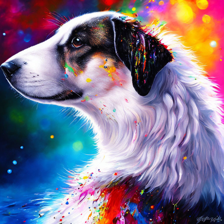 Vibrant Paint Splashes on Dog Portrait with Colorful Background