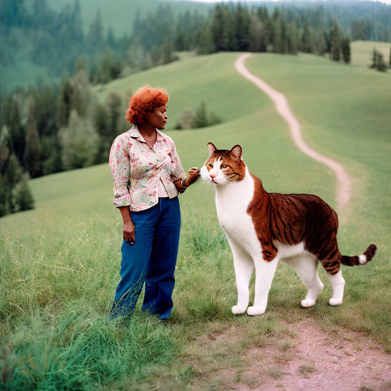 Woman standing in grassy field with giant cat and trees in background