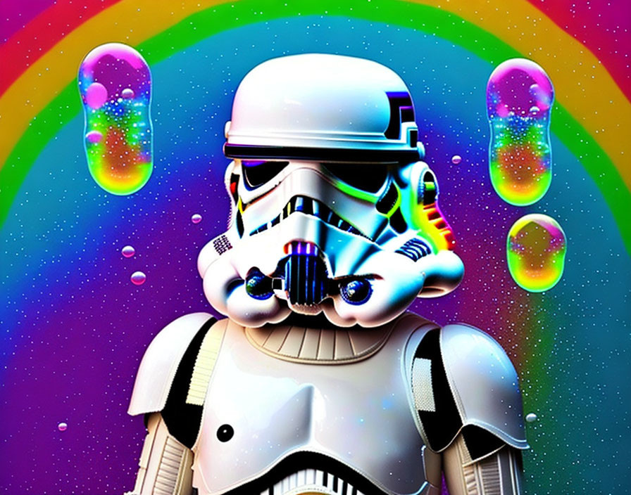 Colorful Stormtrooper Art with Iridescent Bubbles & Rainbow Background