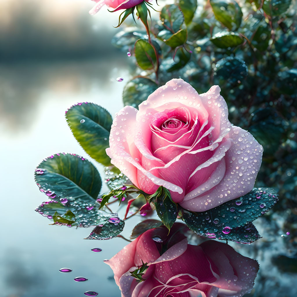 Pink Rose with Water Droplets Reflected in Water Amidst Green Foliage