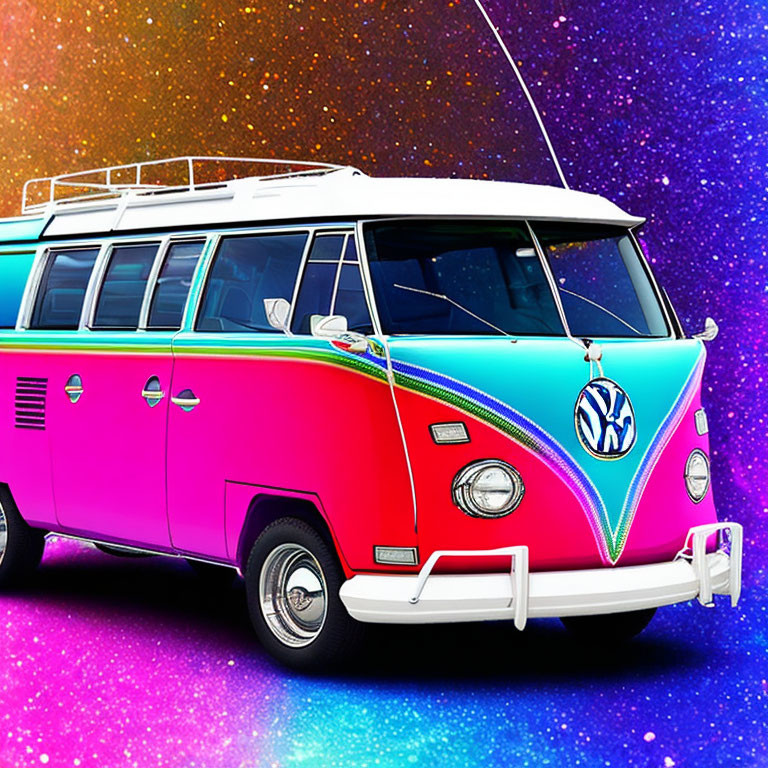 Colorful Vintage Volkswagen Van with Pink and Teal Paint Job on Sparkly Background