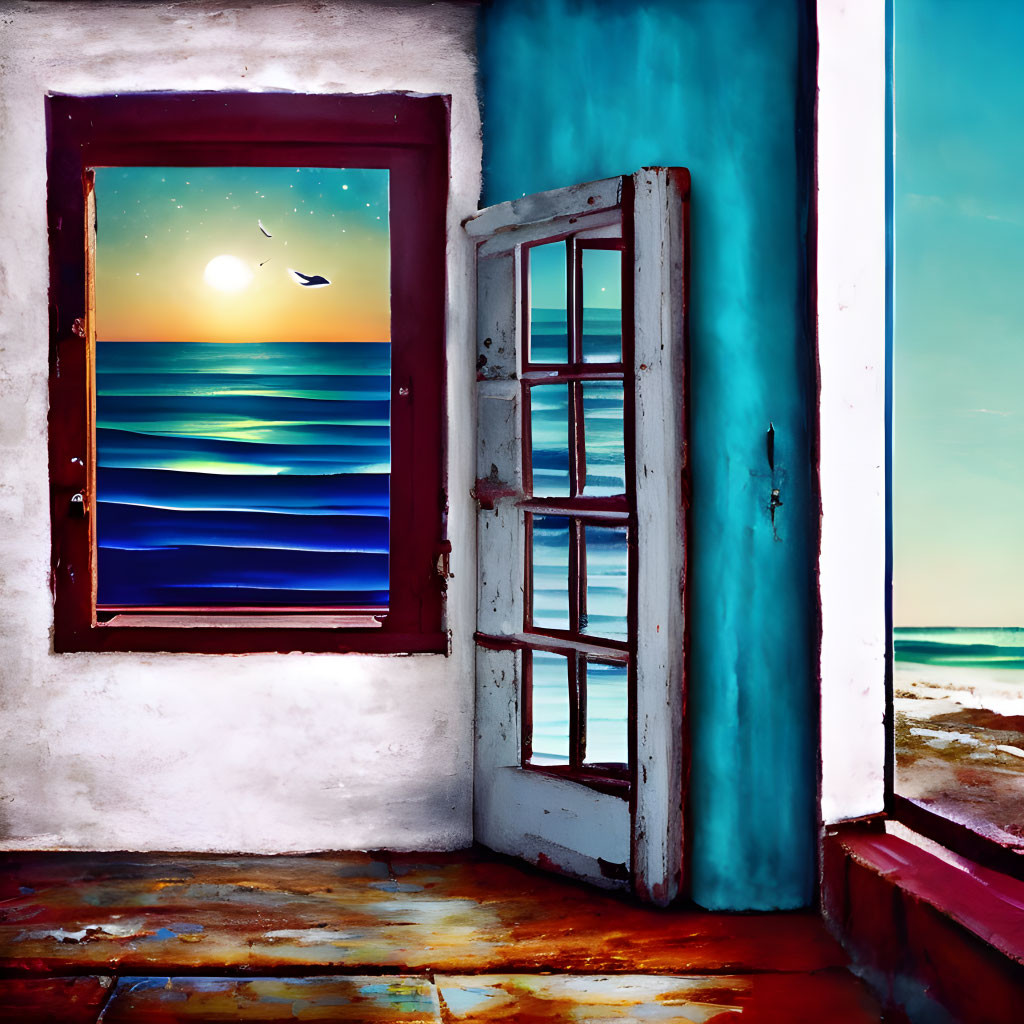Vibrant artwork of open door to night seascape and sunny beach view