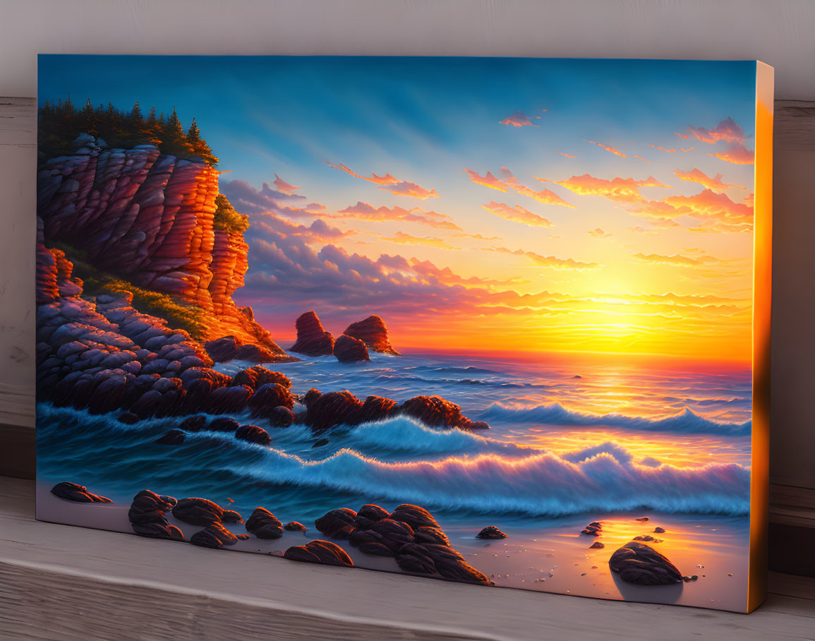 Painting of sunrise over rocky beach