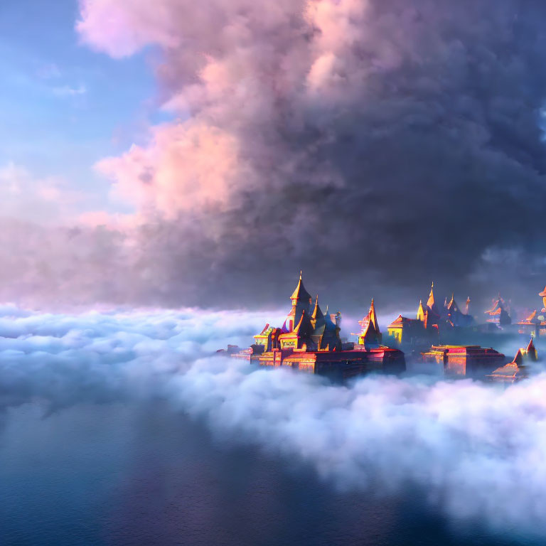 Fantastical castle with spires above serene water and dramatic sky