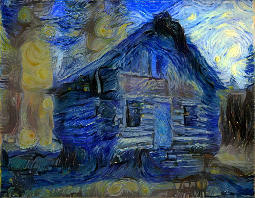 Abandoned log cabin, Starry Night style