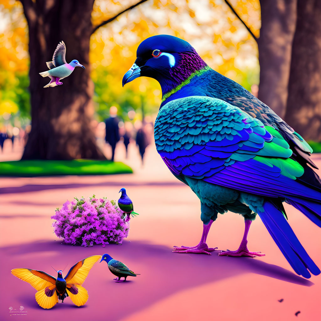 Colorful oversized pigeon on purple path with small pigeon, butterfly, perched bird, and flowers