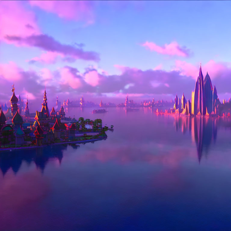 Fantastical city with pointed towers reflected in water at dawn