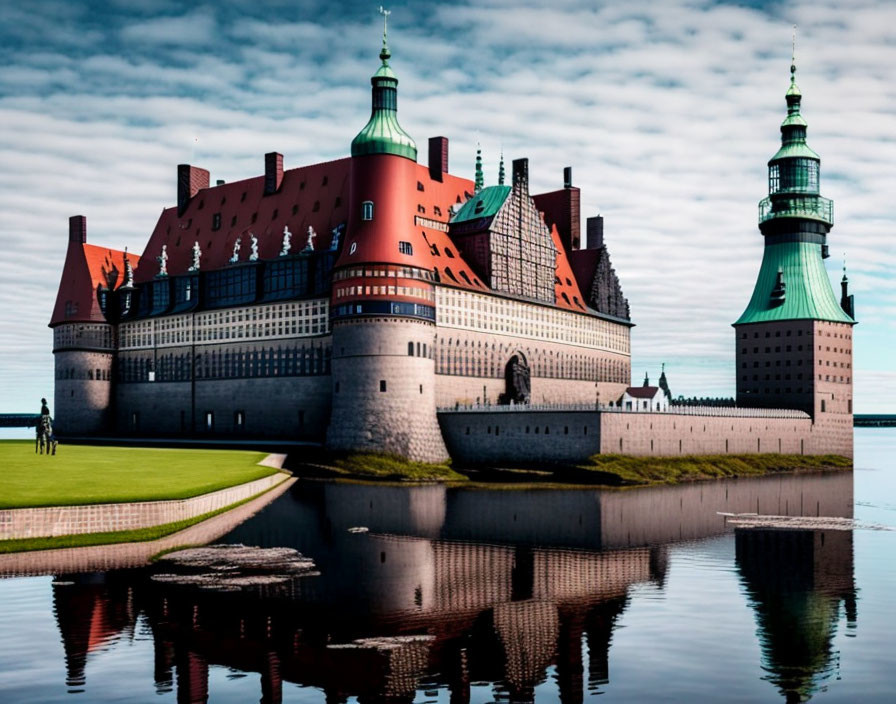 Majestic castle with red brick walls and green-tipped turrets by a moat.