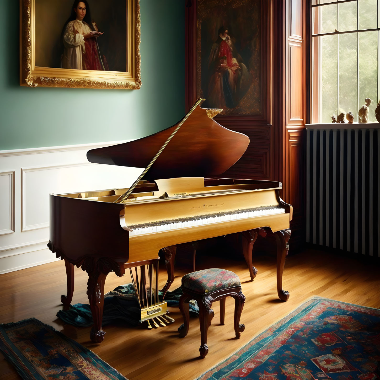 Classic Room with Grand Piano, Wood Flooring, Paintings, Carpet, Window, and Patterned St
