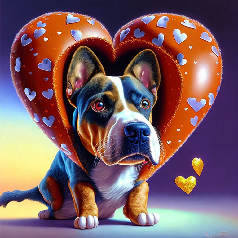 Dog with soulful eyes and heart-shaped balloon in twilight sky