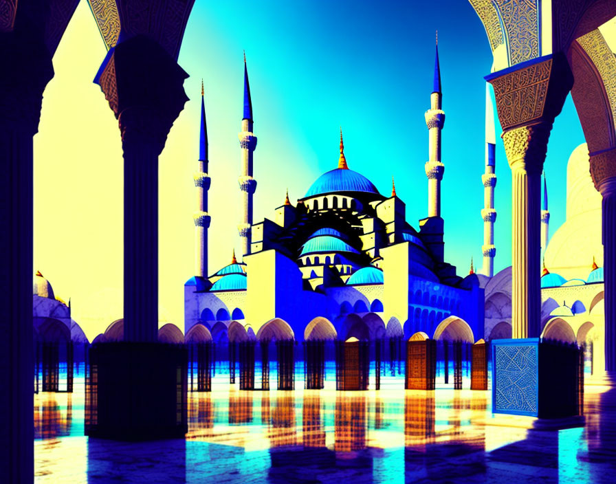 Digital art: Mosque with minarets, arches, glossy floors, surreal blue sky
