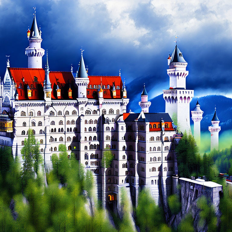 Majestic fairytale castle on cliff with spires, forest backdrop