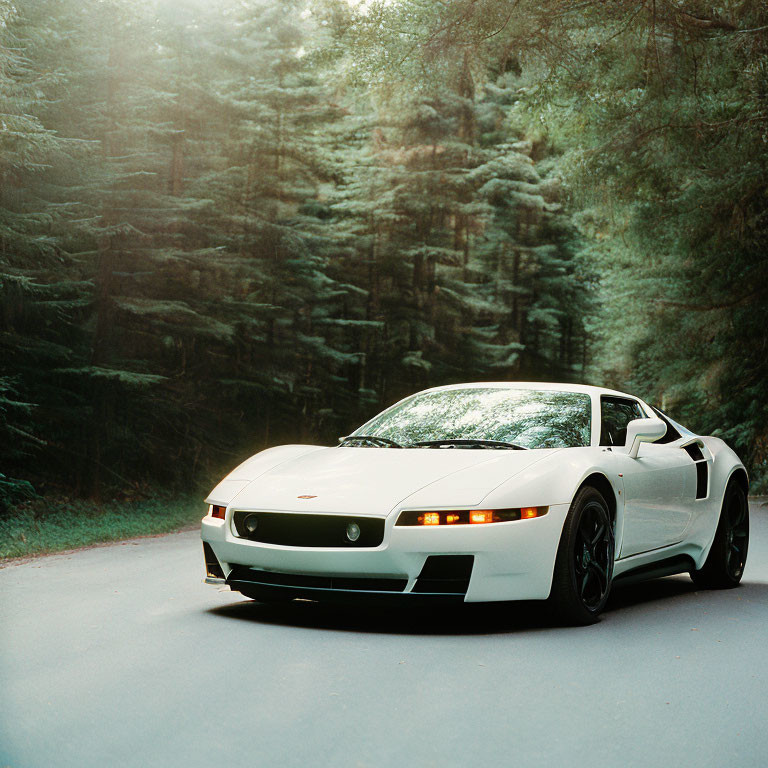 White sports car driving on forest road with blurred trees in background