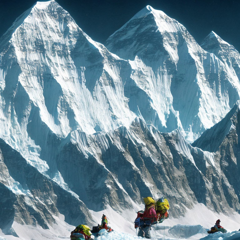 Climbers ascending snowy mountain pass with icy peaks.