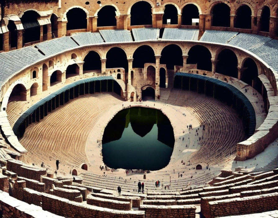 Ancient amphitheater with arched entrances and water-filled stage