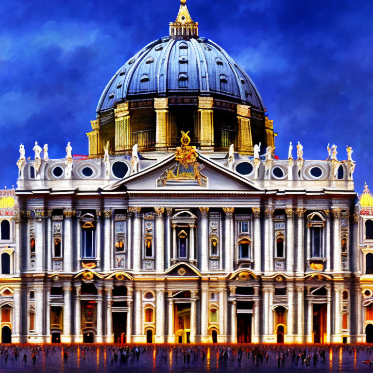 Vibrantly lit St. Peter's Basilica facade against dark blue sky with people.