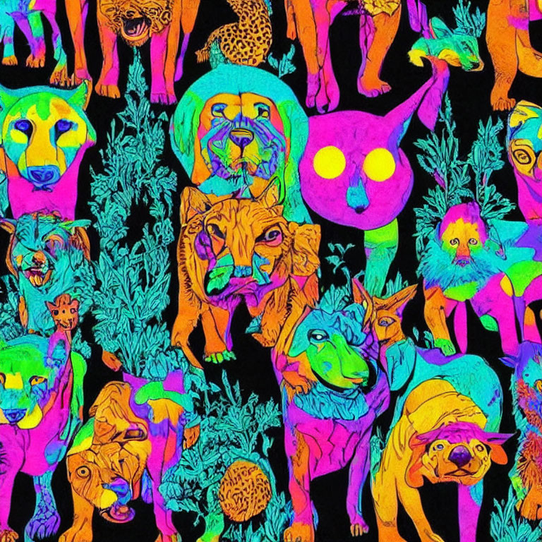Colorful Neon Animal Outlines on Black Background with Floral Motifs