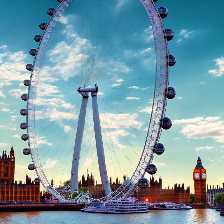 Observation wheel with enclosed capsules by river and historic buildings under blue sky