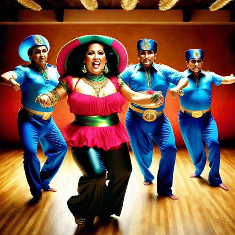 Animated characters in blue suits and sombreros dancing with a central woman in vibrant costume.