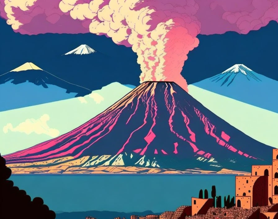 Illustration of erupting volcano with pink smoke, flanked by mountains, coastal town at twilight.