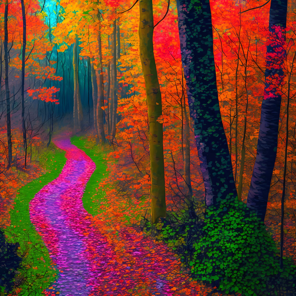 Vibrant Autumn Forest Path with Colorful Leaves