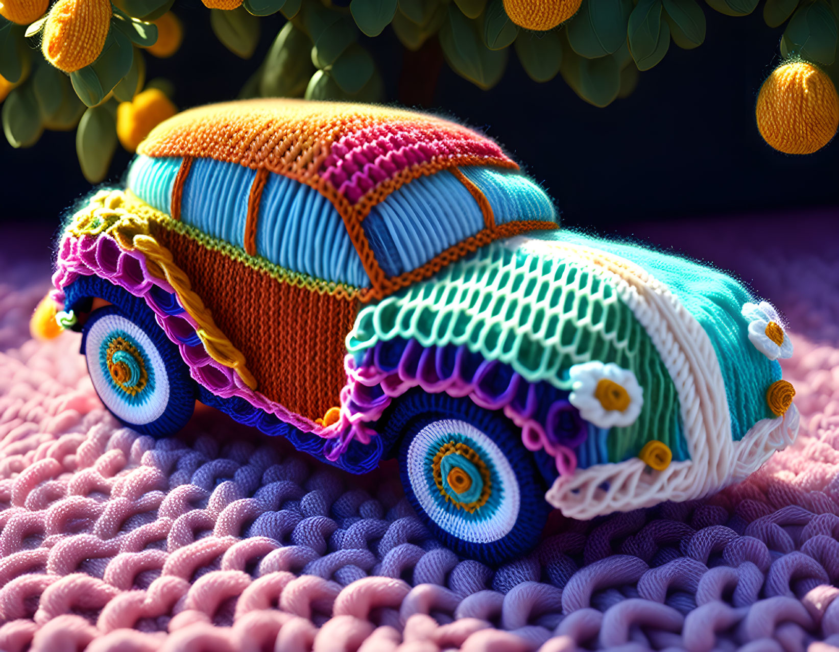 Knitted car in spring