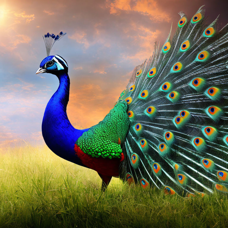 Colorful peacock displaying tail feathers in grassy field at dusk