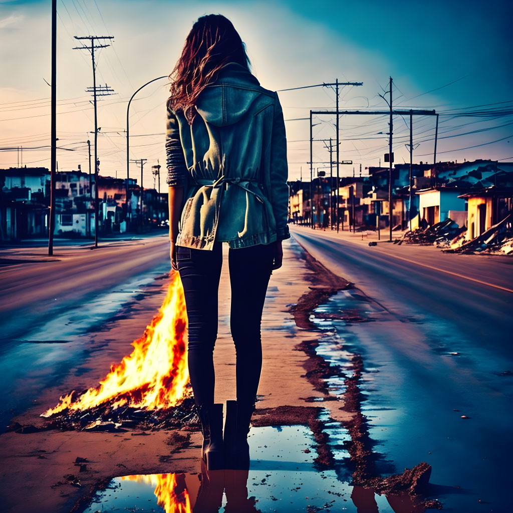 Woman in leather jacket on empty street with flames emerging from crack