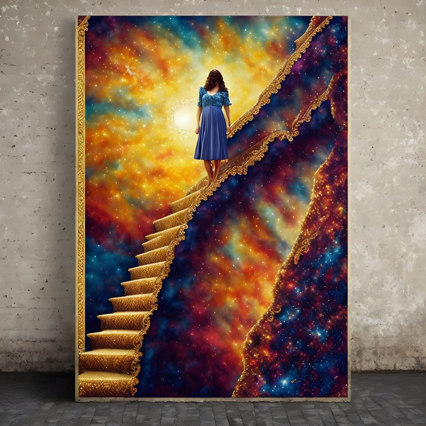 Woman in Blue Dress Climbing Golden Spiral Staircase in Cosmic Sky