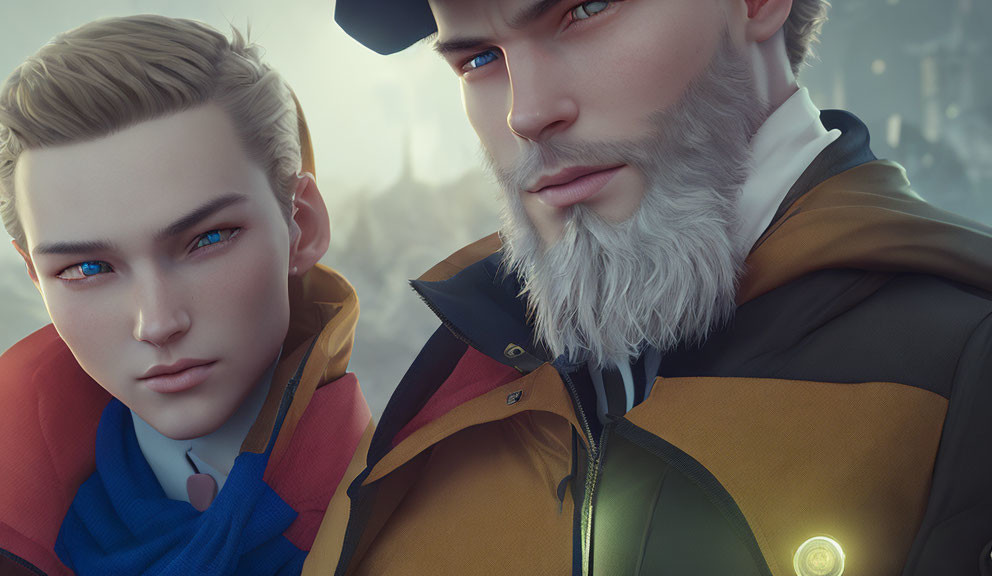 Stylized male characters: young blond with blue eyes & older with a beard in modern winter attire