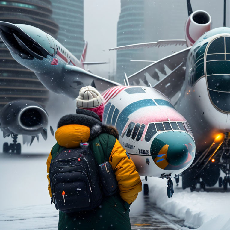 Person in winter jacket and beanie on snowy tarmac with airplanes and city skyscrapers.