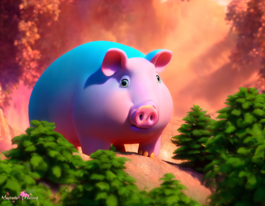 Colorful 3D illustration of a curious pink pig in a lush setting
