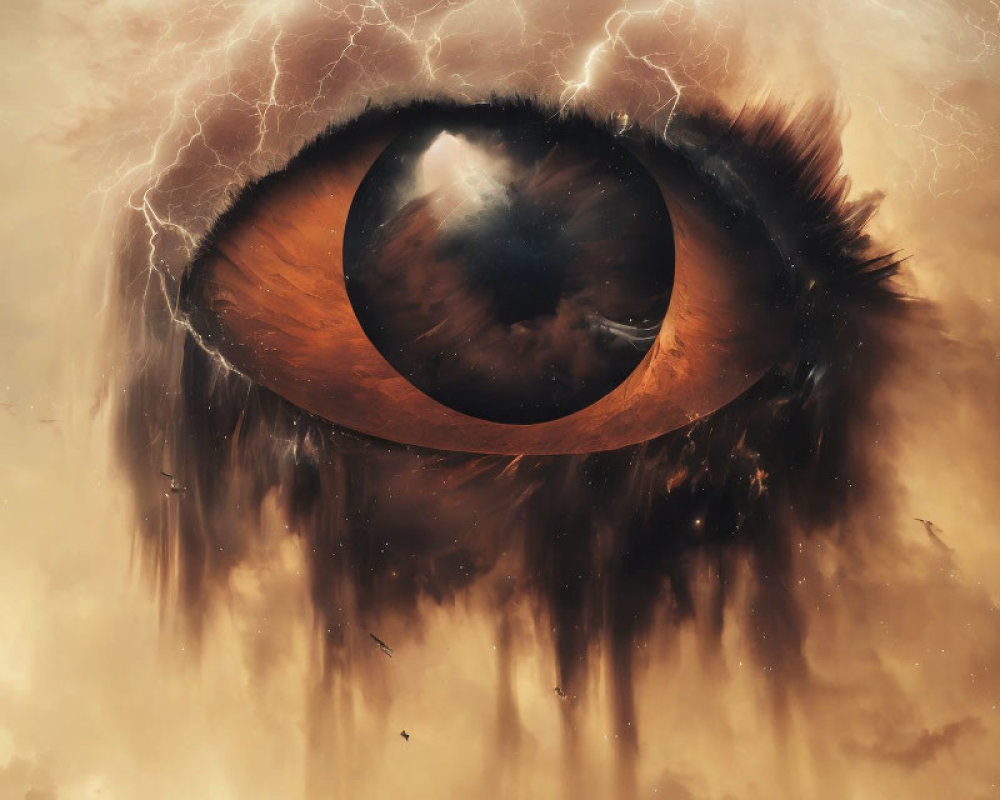 Detailed illustration of giant eye with orange iris in cosmic setting