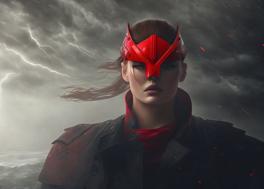 Woman in red mask and coat under stormy sky with falling embers