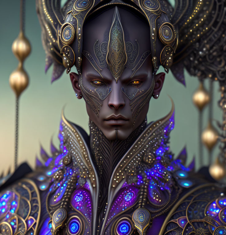 Character in Elaborate Gold and Purple Armor with Glowing Patterns and Violet Eyes