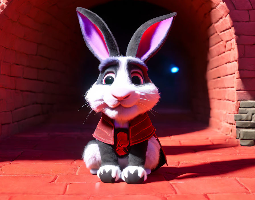 Grey rabbit in red vest sitting in blue-lit tunnel