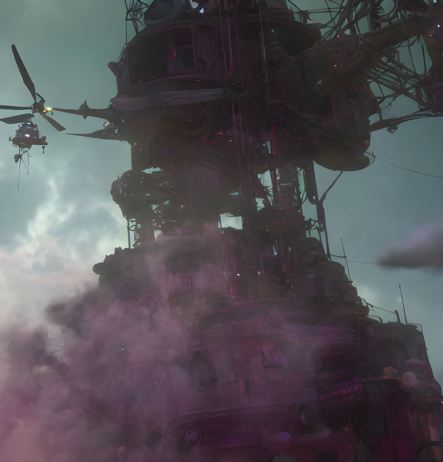 Futuristic purple-lit tower with helicopter in cloudy sky
