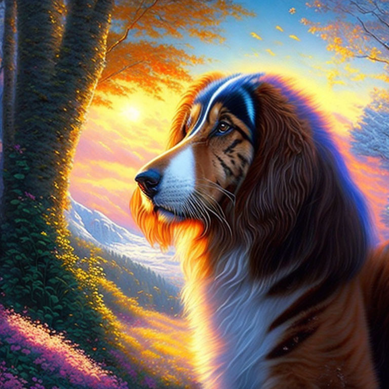 Colorful illustration: Majestic dog in forest sunset