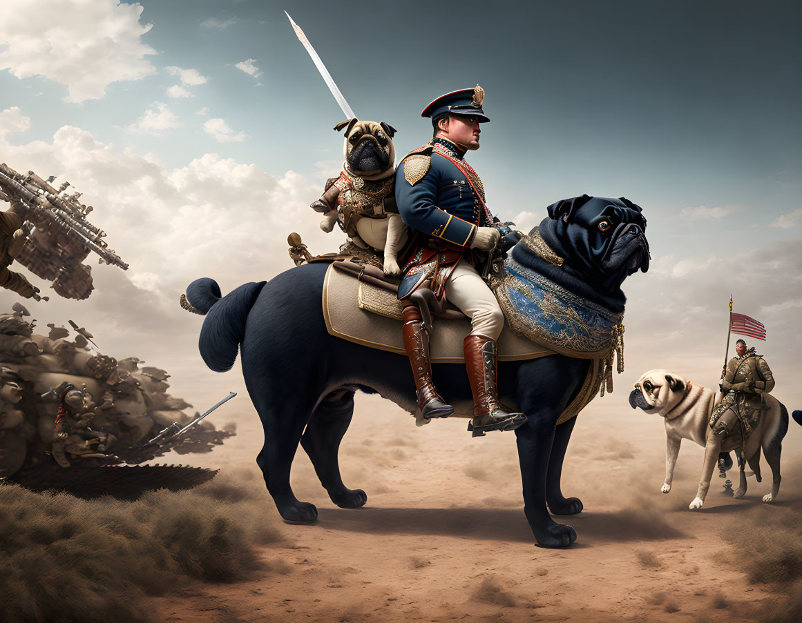 Whimsical illustration of uniformed figure riding a large pug amidst a pug army with flag
