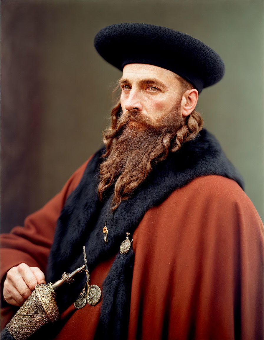 Man with Long Braided Beard in Beret & Fur Cloak Holding Horn