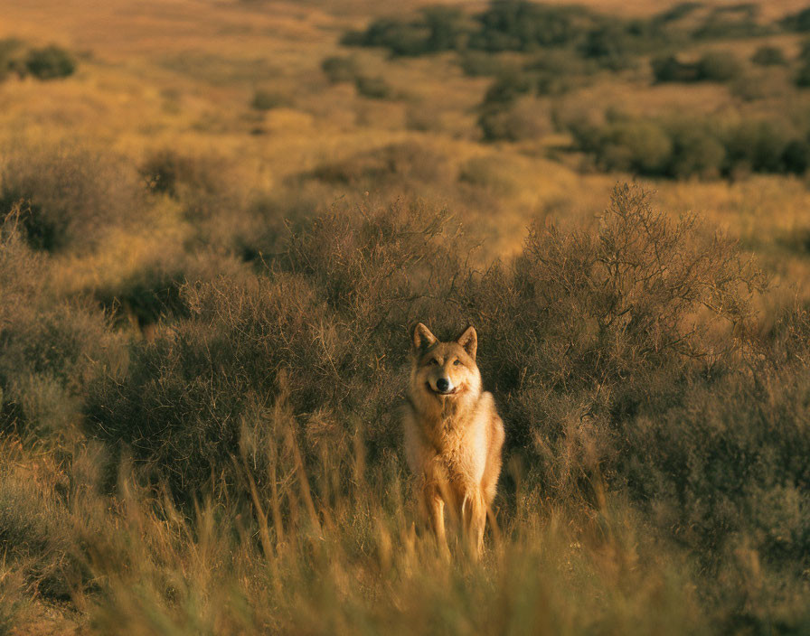 Solitary wolf in golden-lit wilderness among tall grasses