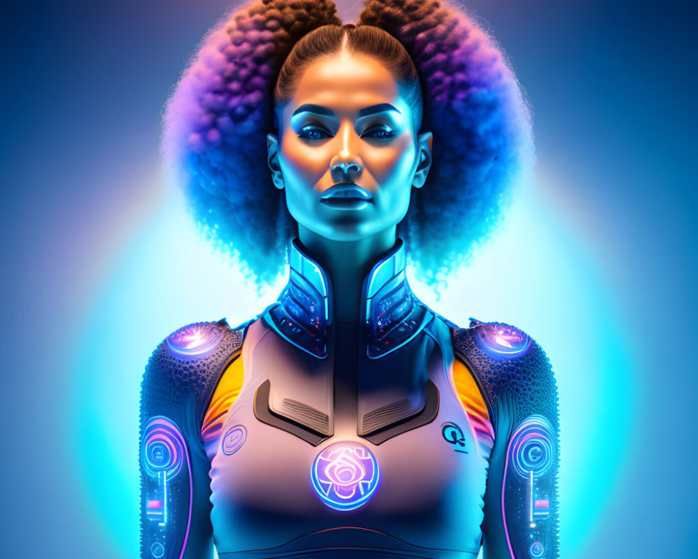 Futuristic female android with neon elements and body armor on blue gradient background