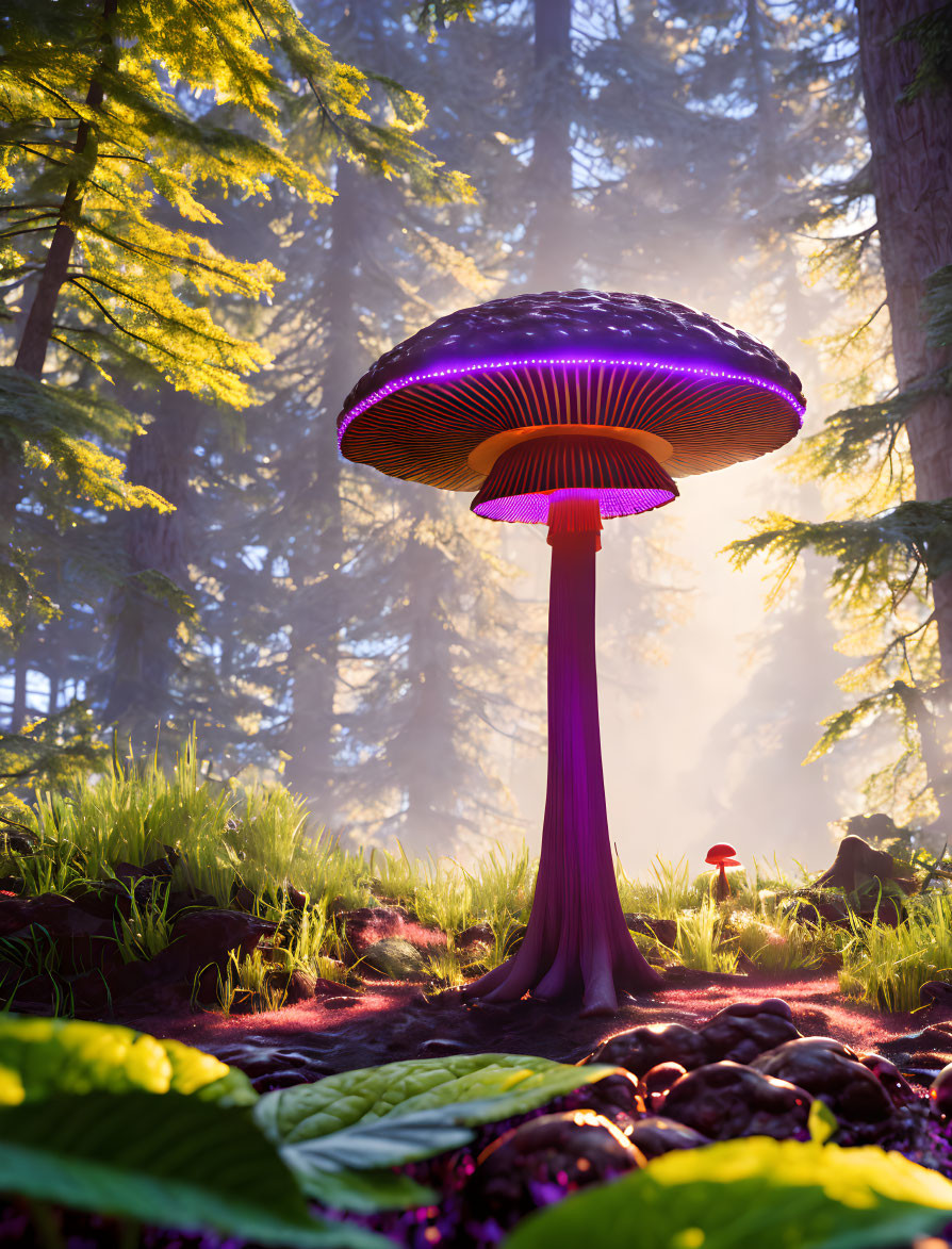 Vibrant purple mushroom in mystical forest with sunlight rays and lush greenery