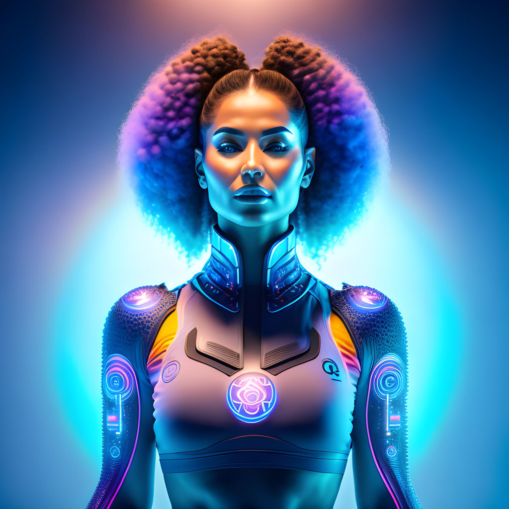 Futuristic female android with neon elements and body armor on blue gradient background