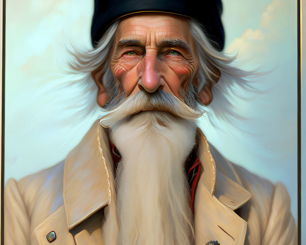 Illustration of elderly man with white beard, beret, tan coat, and medal.