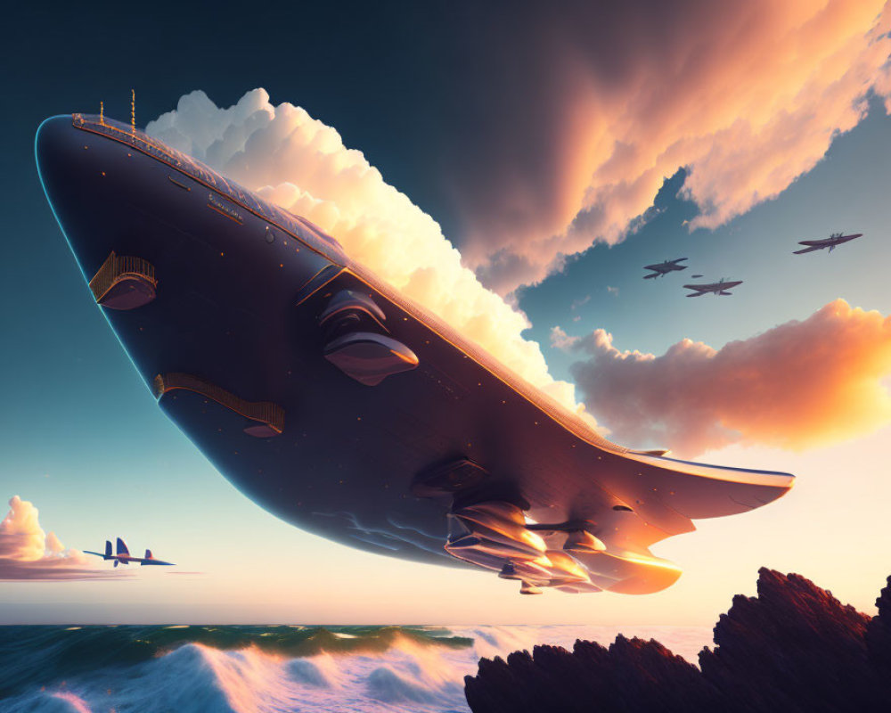 Futuristic airship and aircraft glide over ocean at sunset