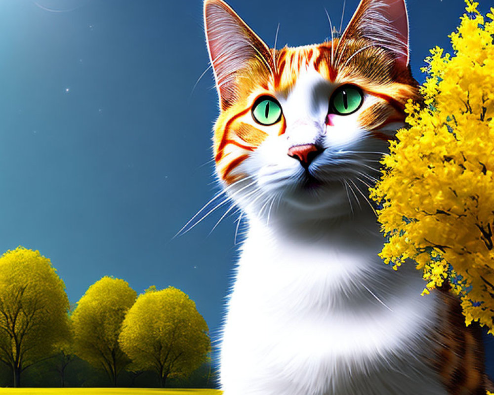Orange and White Cat with Green Eyes in Vibrant Field and Starry Sky