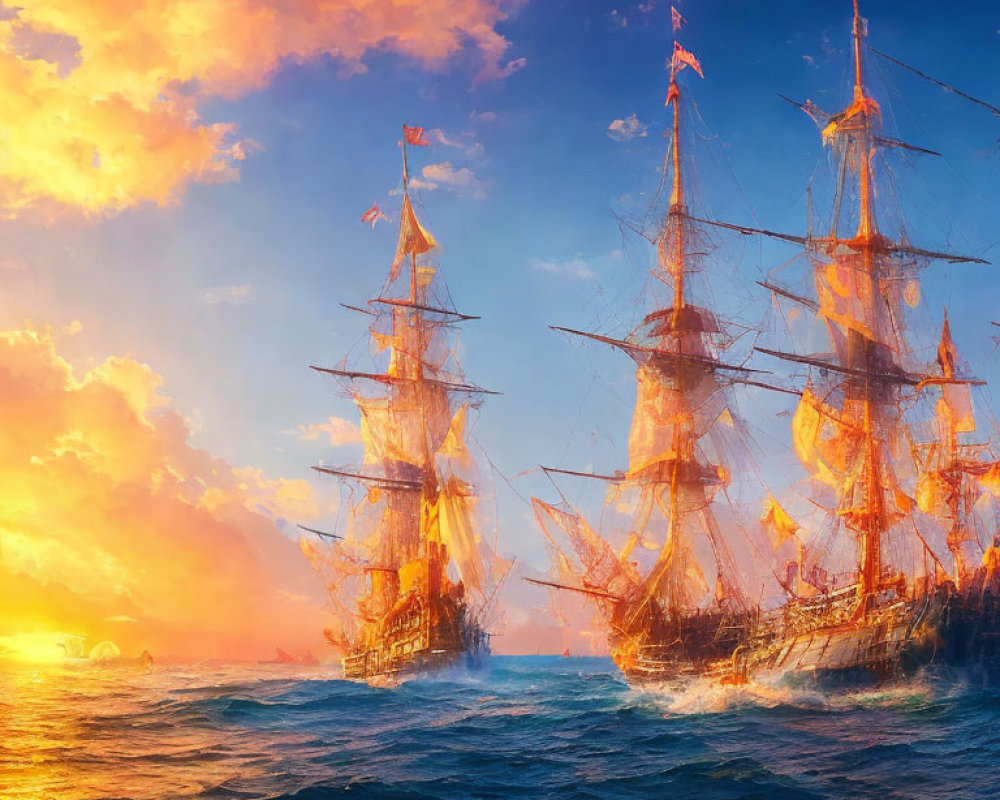 Majestic tall ships sailing on high seas at sunset